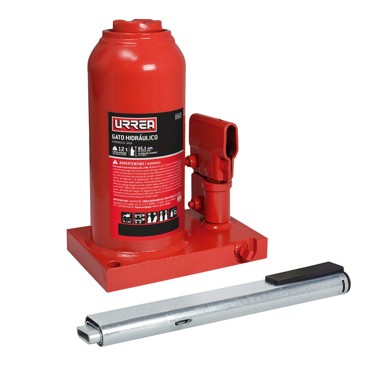 Gato Hidráulico De Botella Con Palanca Telescópica De Tres Piezas Galvanizada, 12 Ton, Urrea 2412