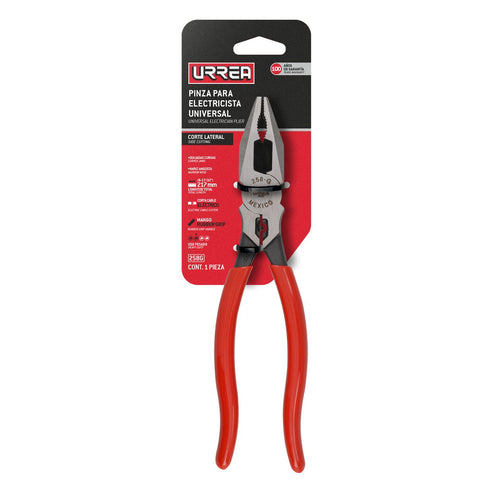 Pinza Para Electricista Con Mango Rubber Grip Punta Universal Corte Lateral De 8-17/32, Urrea 258G