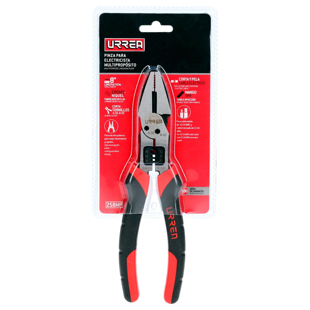 Pinza Multipropósitos Con Mango Bimaterial Punta Universal Corte Lateral De 8, Urrea 258MP