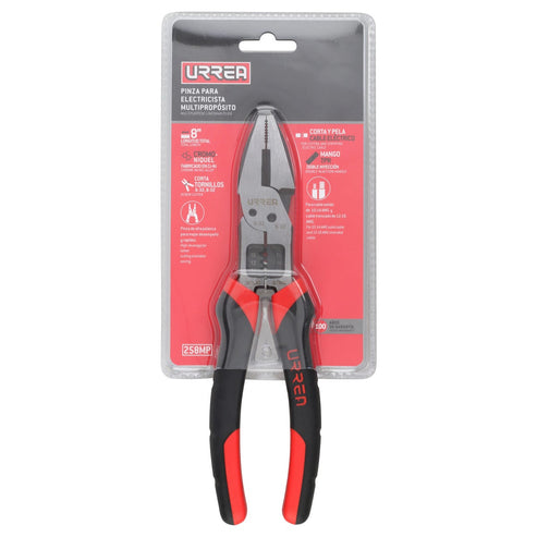 Pinza Multipropósitos Con Mango Bimaterial Punta Universal Corte Lateral De 8, Urrea 258MP