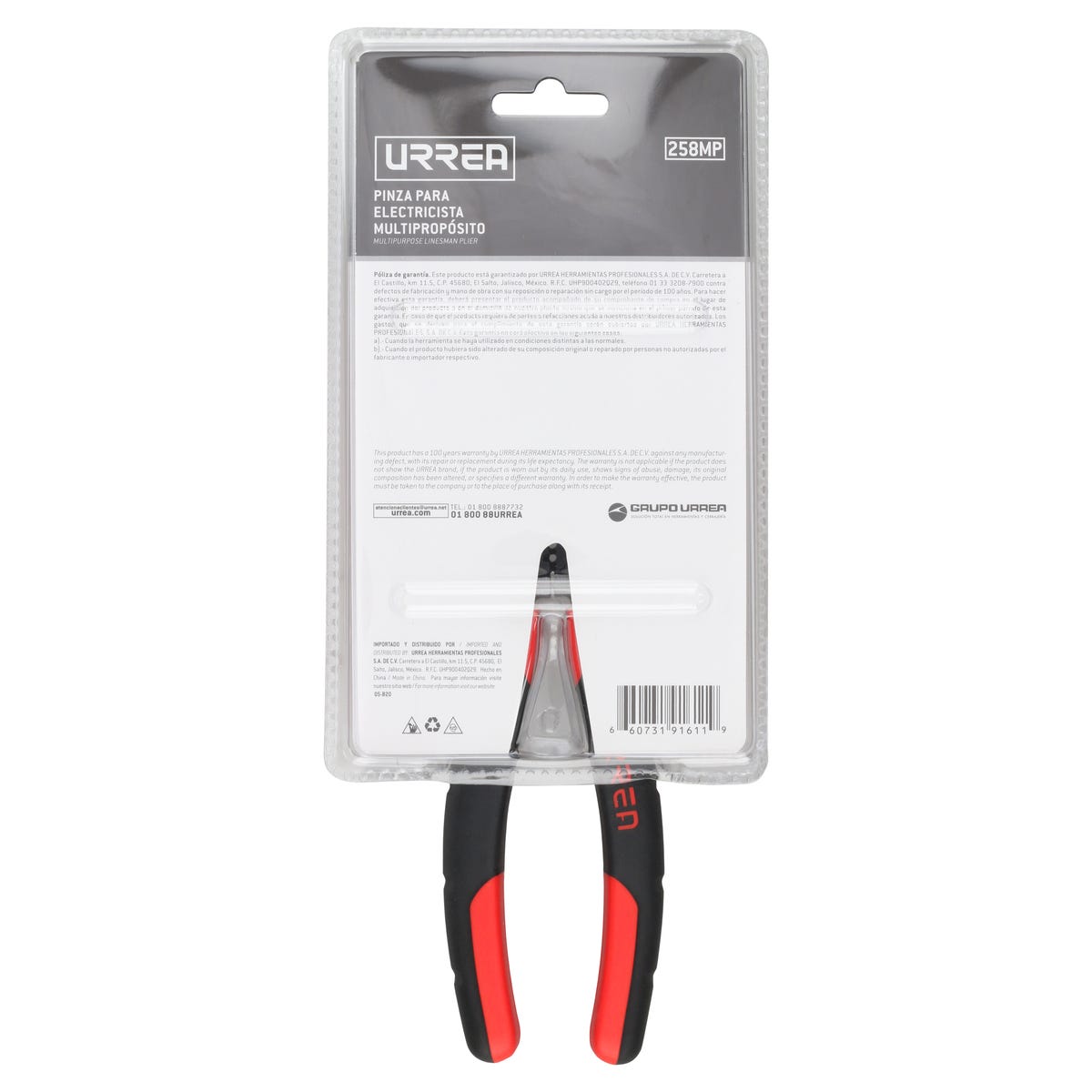 Pinza Multipropósitos Con Mango Bimaterial Punta Universal Corte Lateral De 8, Urrea 258MP