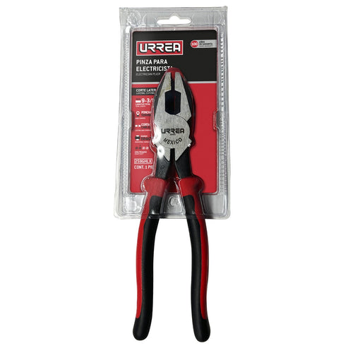 Pinza Para Electricista Con Mango Bimaterial Corte Lateral Con Ponchador Y Jalador 9-3/8, Urrea 259GHLX