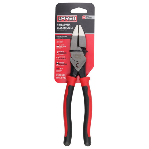 Pinza Para Electricista Con Mango Bimaterial Corte Lateral Con Ponchador Y Jalador 9-3/8, Urrea 259GHLX