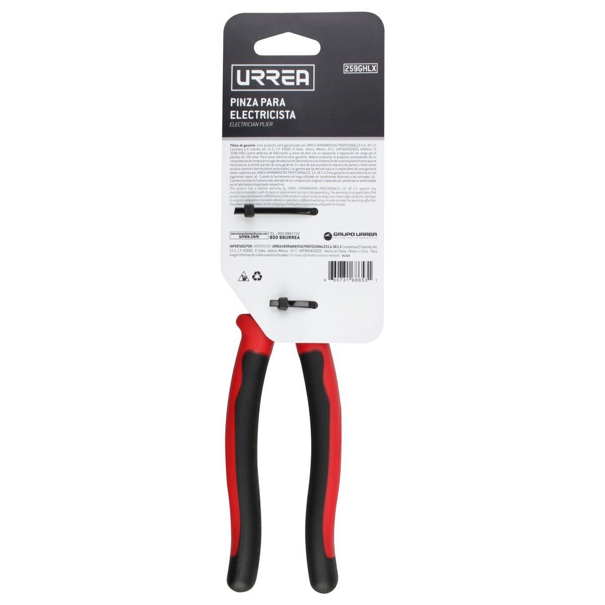 Pinza Para Electricista Con Mango Bimaterial Corte Lateral Con Ponchador Y Jalador 9-3/8, Urrea 259GHLX