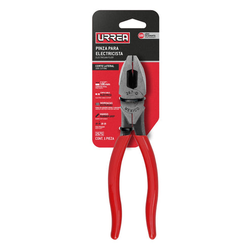 Pinza Para Electricista Con Mango Rubber Grip Corte Lateral De 7-5/16, Urrea 267G