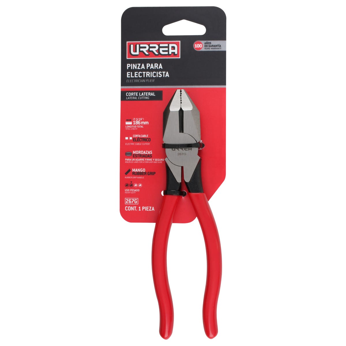 Pinza Para Electricista Con Mango Rubber Grip Corte Lateral De 7-5/16, Urrea 267G
