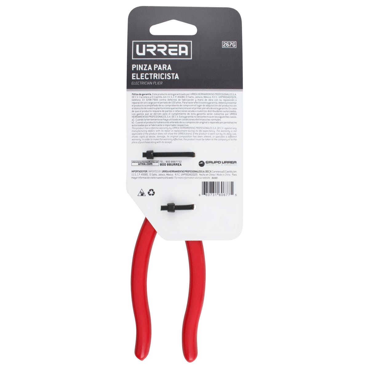 Pinza Para Electricista Con Mango Rubber Grip Corte Lateral De 7-5/16, Urrea 267G
