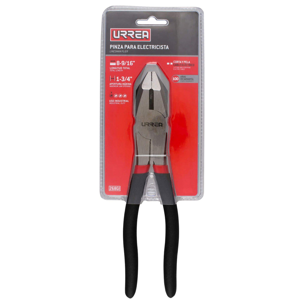 Pinza Para Electricista Con Mango Rubber Grip Vinil Corte Lateral De 8-9/16, Urrea 268GI