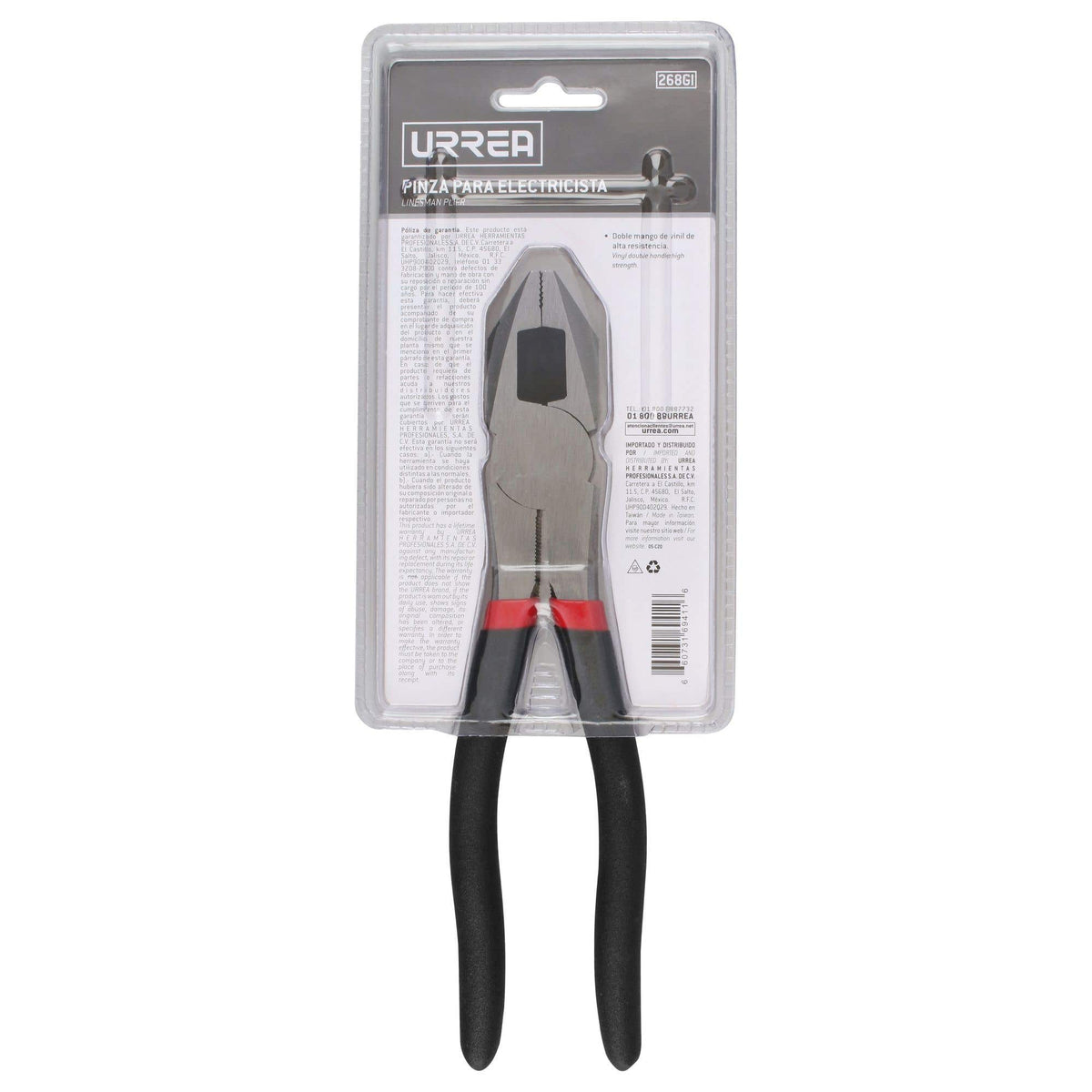 Pinza Para Electricista Con Mango Rubber Grip Vinil Corte Lateral De 8-9/16, Urrea 268GI