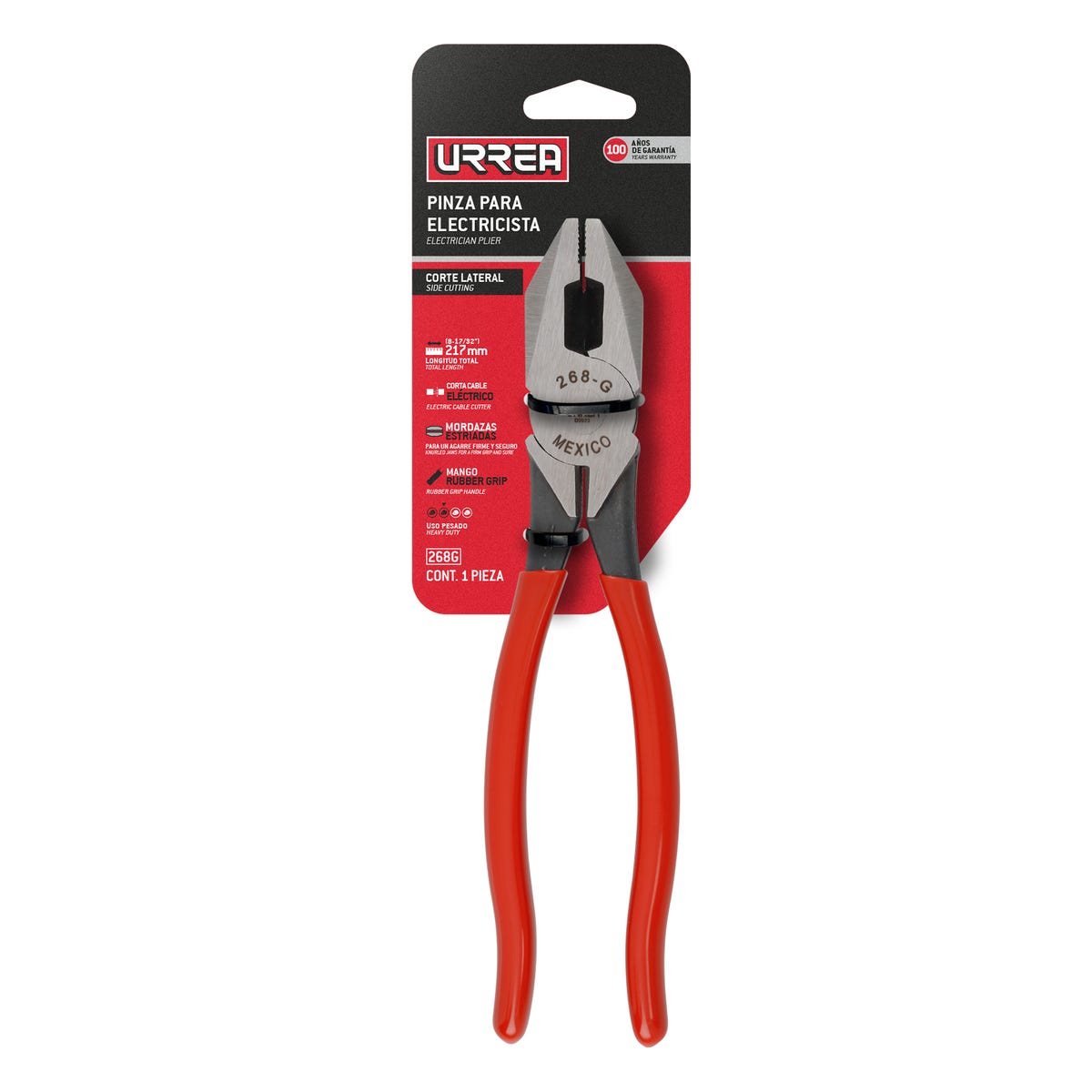 Pinza Para Electricista Con Mango Rubber Grip Corte Lateral De 8-17/32, Urrea 268G