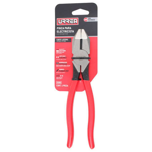 Pinza Para Electricista Con Mango Rubber Grip Corte Lateral De 8-17/32, Urrea 268G