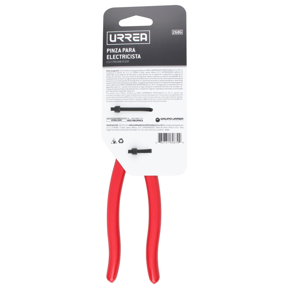 Pinza Para Electricista Con Mango Rubber Grip Corte Lateral De 8-17/32, Urrea 268G