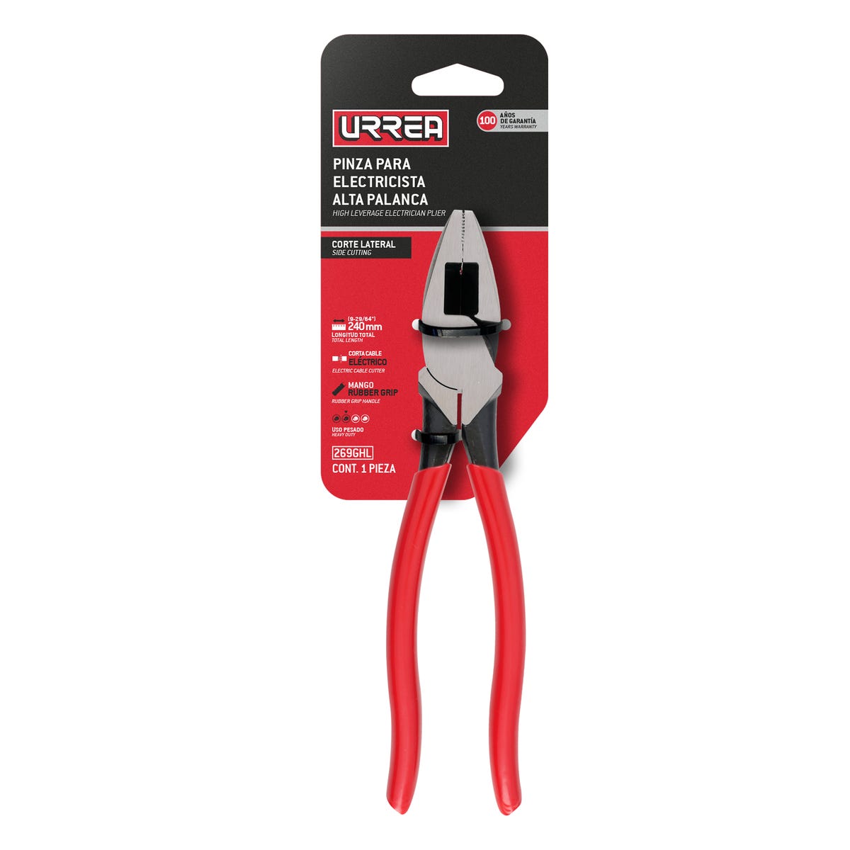 Pinza Para Electricista Con Mango Rubber Grip Alta Palanca Corte Lateral De 9, Urrea 269GHL