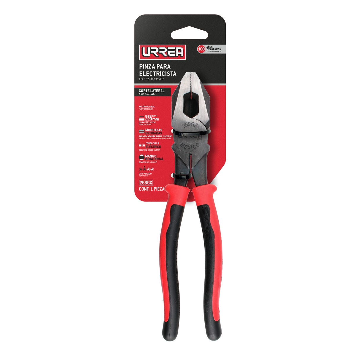 Pinza Para Electricista Con Mango Bimaterial Corte Lateral Alta Palanca De 9-3/8, Urrea 269GX