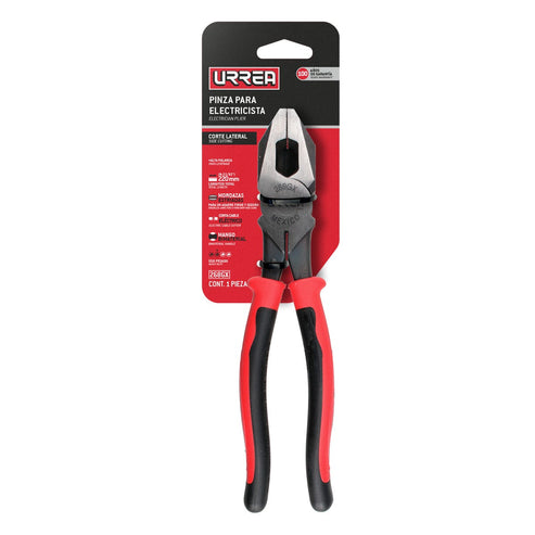 Pinza Para Electricista Con Mango Bimaterial Corte Lateral Alta Palanca De 9-3/8, Urrea 269GX