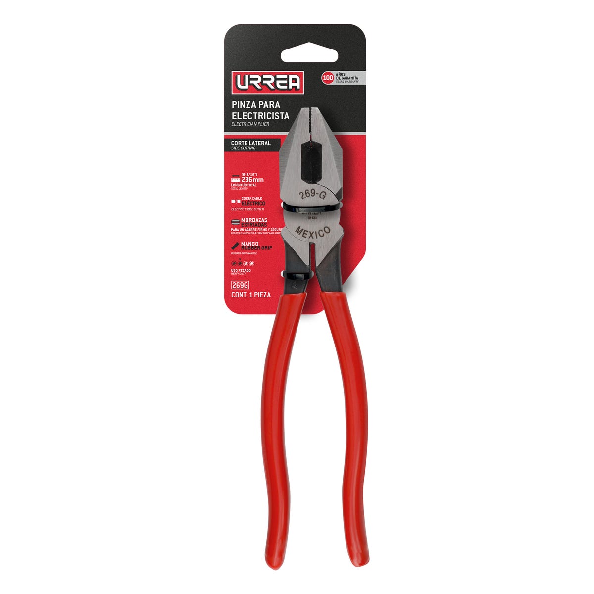Pinza Para Electricista Con Mango Rubber Grip Corte Lateral De 9-5/16, Urrea 269G