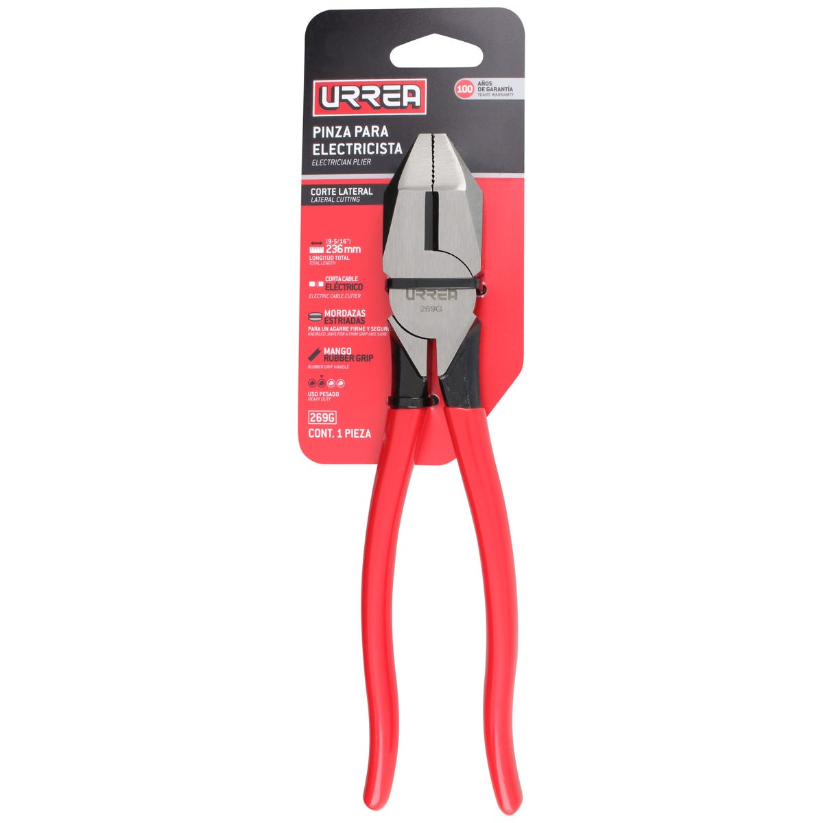 Pinza Para Electricista Con Mango Rubber Grip Corte Lateral De 9-5/16, Urrea 269G