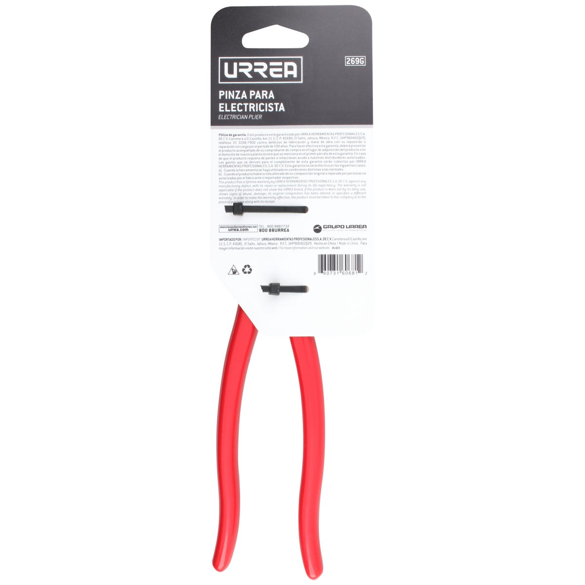 Pinza Para Electricista Con Mango Rubber Grip Corte Lateral De 9-5/16, Urrea 269G