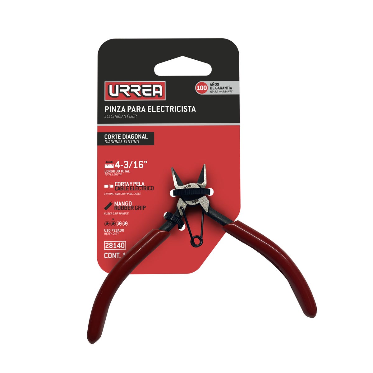 Pinza Para Electricista Con Mango Rubber Grip Con Resorte Corte Al Ras De 4-3/16, Urrea 28140