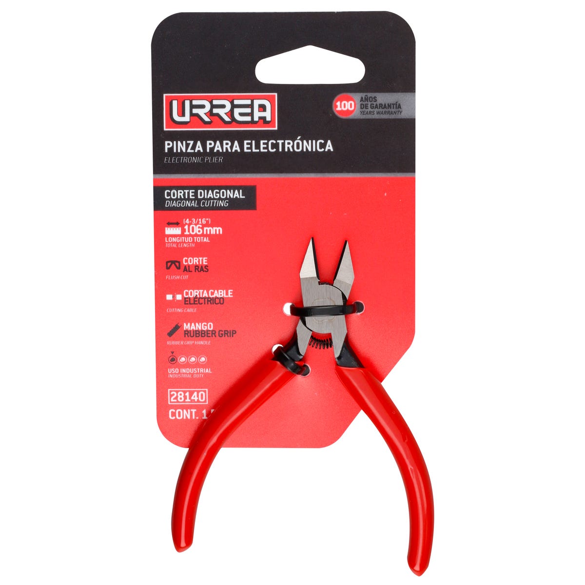 Pinza Para Electricista Con Mango Rubber Grip Con Resorte Corte Al Ras De 4-3/16, Urrea 28140