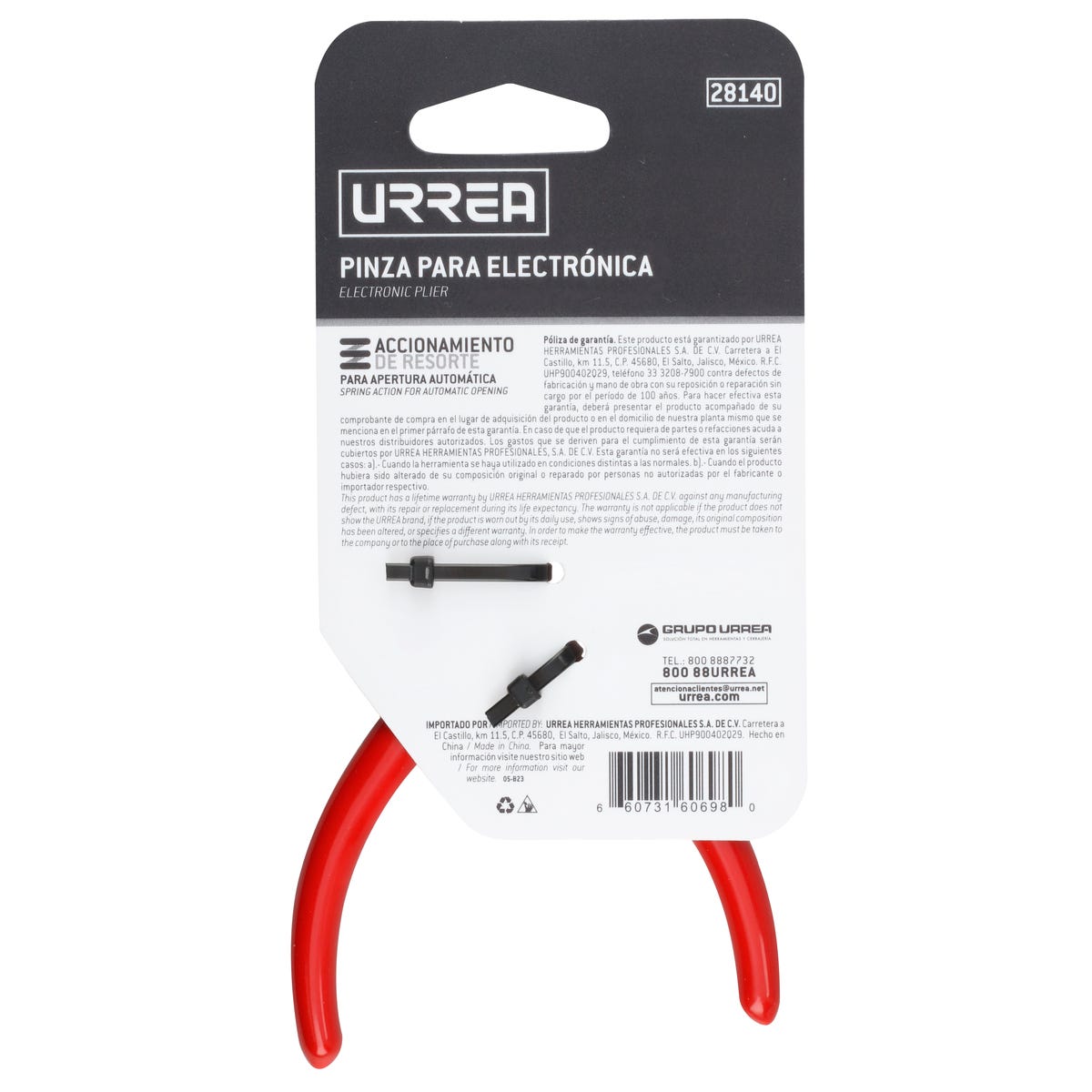 Pinza Para Electricista Con Mango Rubber Grip Con Resorte Corte Al Ras De 4-3/16, Urrea 28140