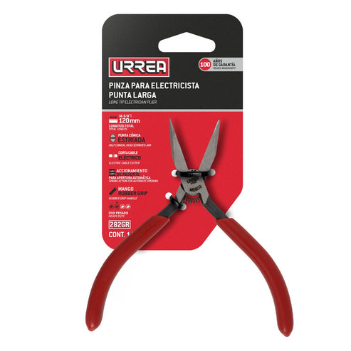 Pinza Para Electricista Con Mango Rubber Grip Punta Larga Con Resorte Sin Corte De 4-3/4, Urrea 282GR