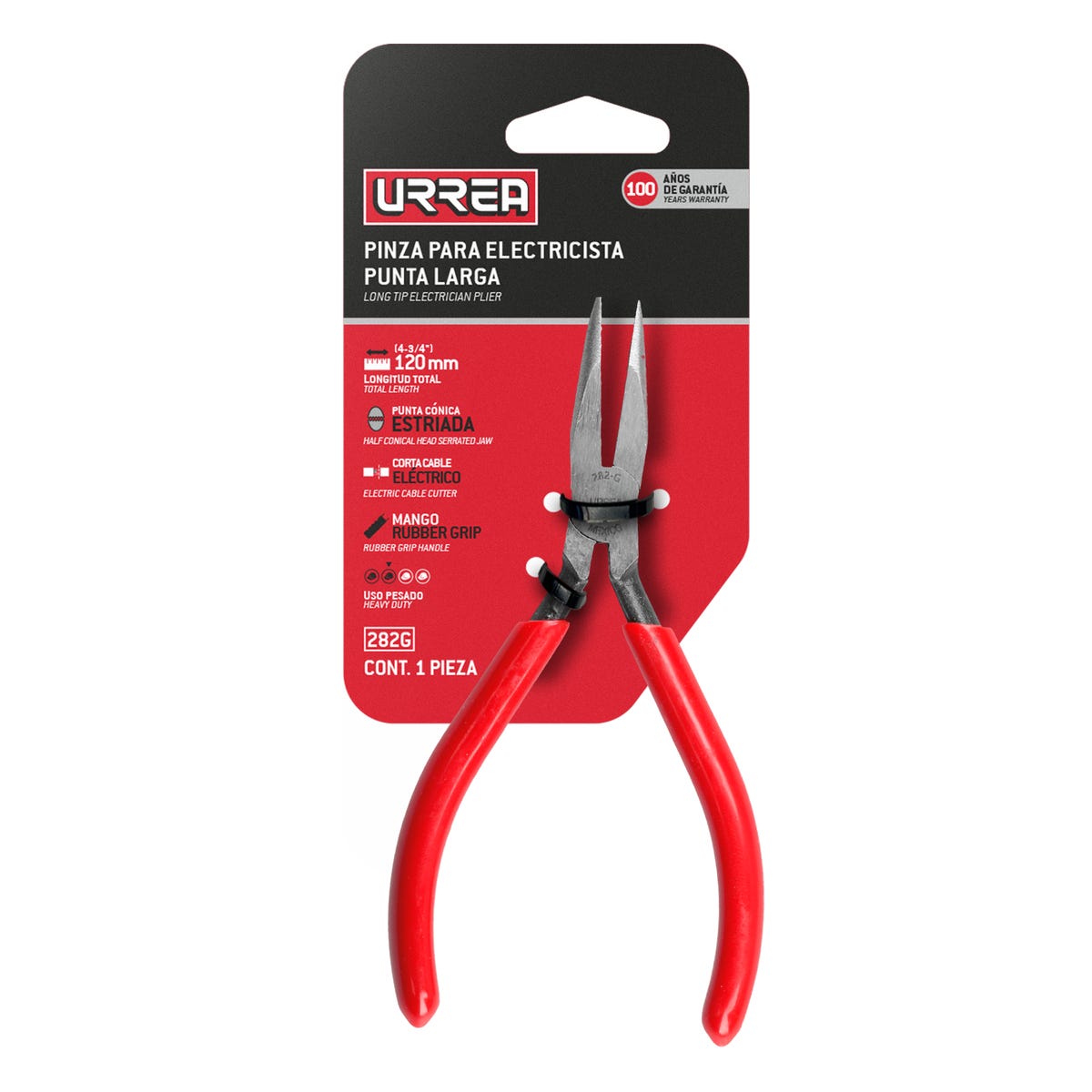 Pinza Para Electricista Con Mango Rubber Grip Punta Larga Sin Corte De 4-3/4, Urrea 282G