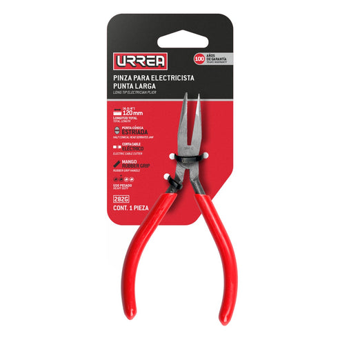 Pinza Para Electricista Con Mango Rubber Grip Punta Larga Sin Corte De 4-3/4, Urrea 282G