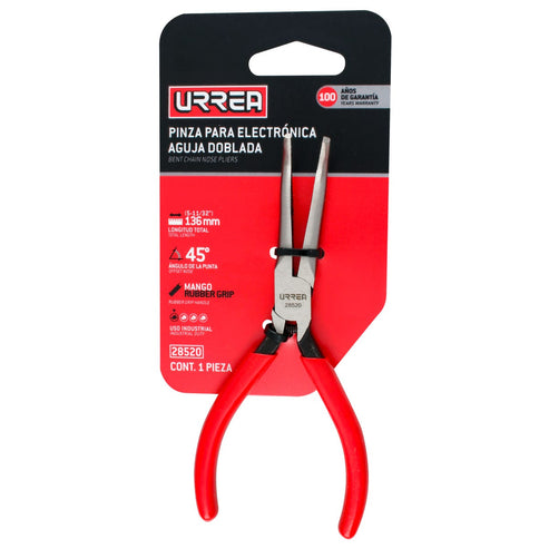 Pinza Para Electricista Con Mango Rubber Grip Punta Aguja Lisa Curva 45° De 5-11/32, Urrea 28520