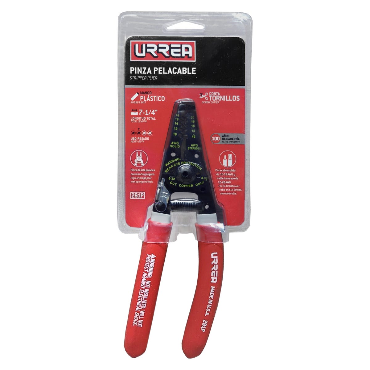 Pinza Pelacable Con Mango Air Cushion 10-18 AWG Ergonómica De 7-1/4, Urrea 291P