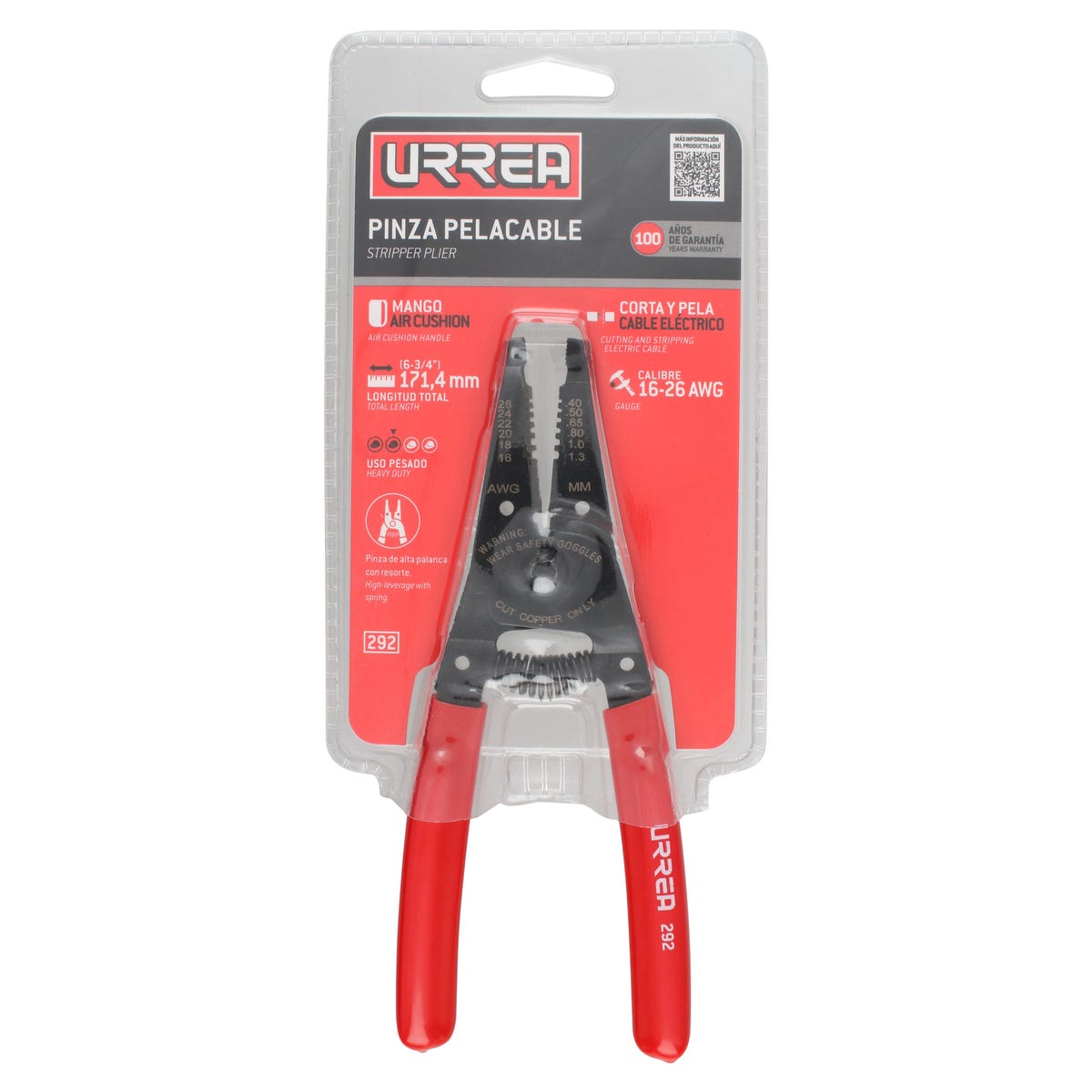 Pinza Pelacable Con Mango Air Cushion 16-26 AWG Alta Palanca De 6-3/4, Urrea 292