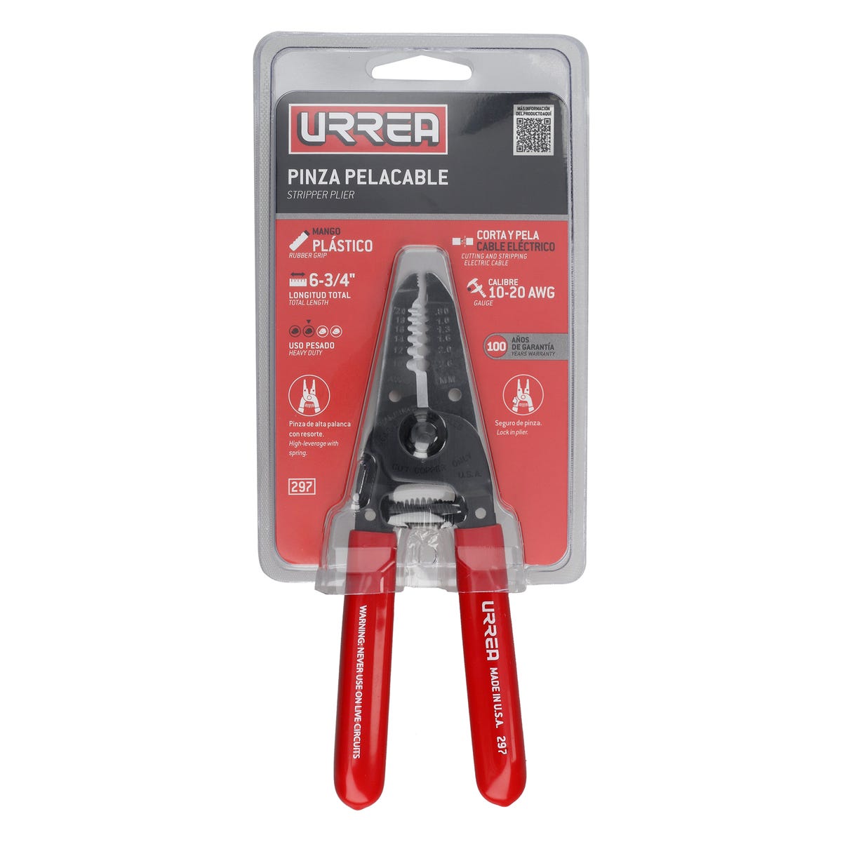 Pinza Pelacable Con Mango Air Cushion 10-20 AWG Alta Palanca Con Seguro De 6-3/4, Urrea 297