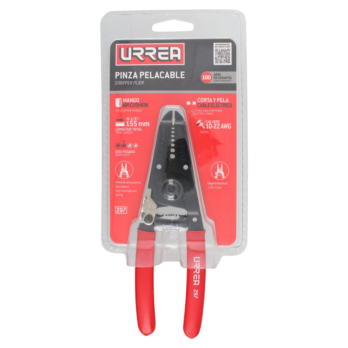 Pinza Pelacable Con Mango Air Cushion 10-20 AWG Alta Palanca Con Seguro De 6-3/4, Urrea 297