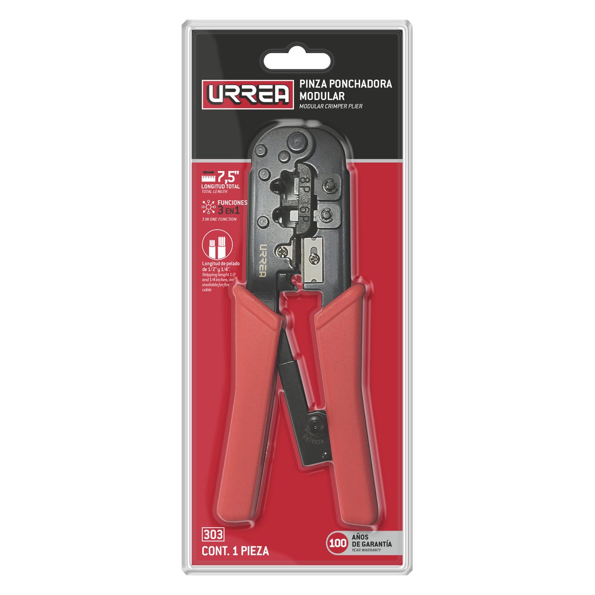Pinza Ponchadora Modular Para Conectores RJ12/11, RJ45 De 7-1/2, Urrea 303