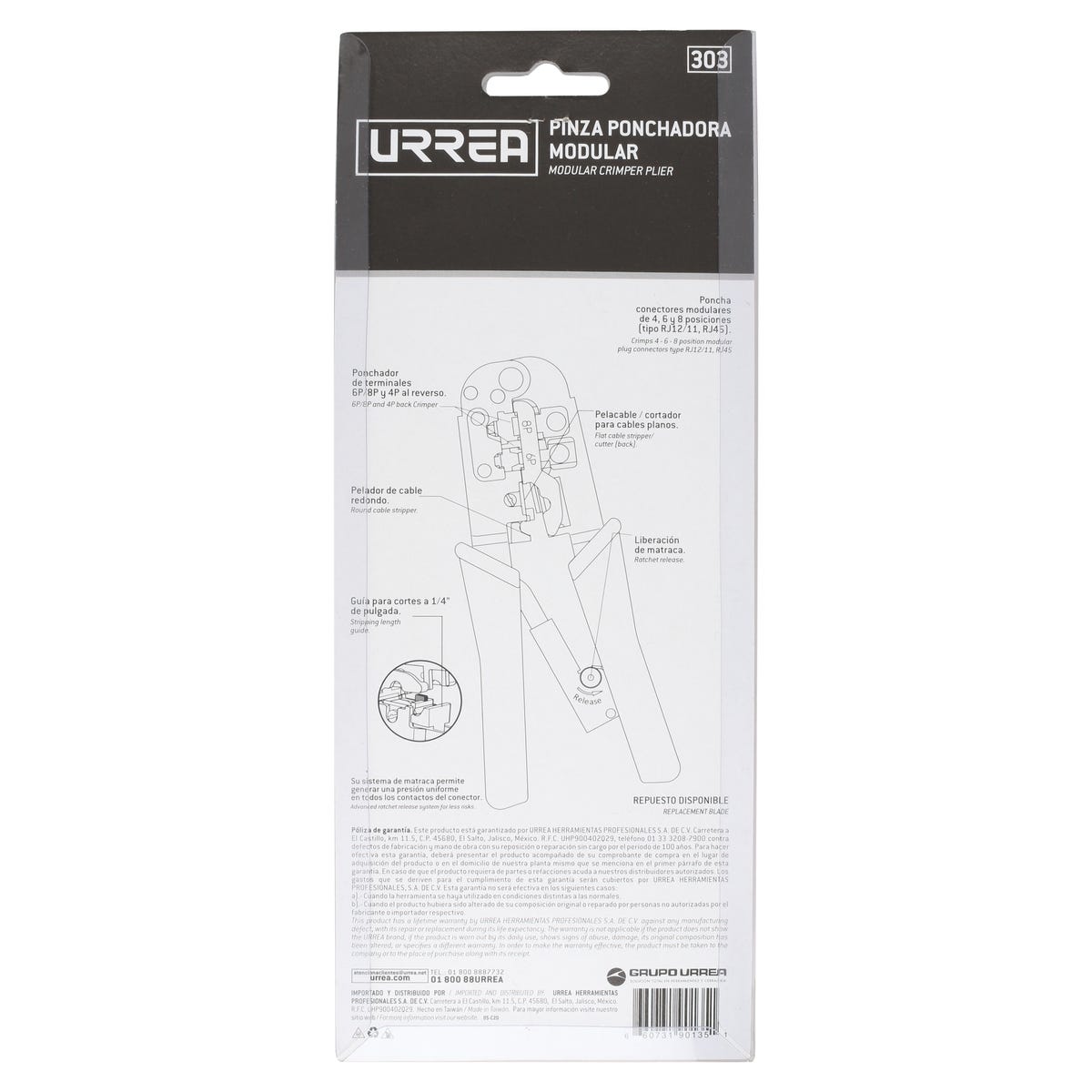 Pinza Ponchadora Modular Para Conectores RJ12/11, RJ45 De 7-1/2, Urrea 303