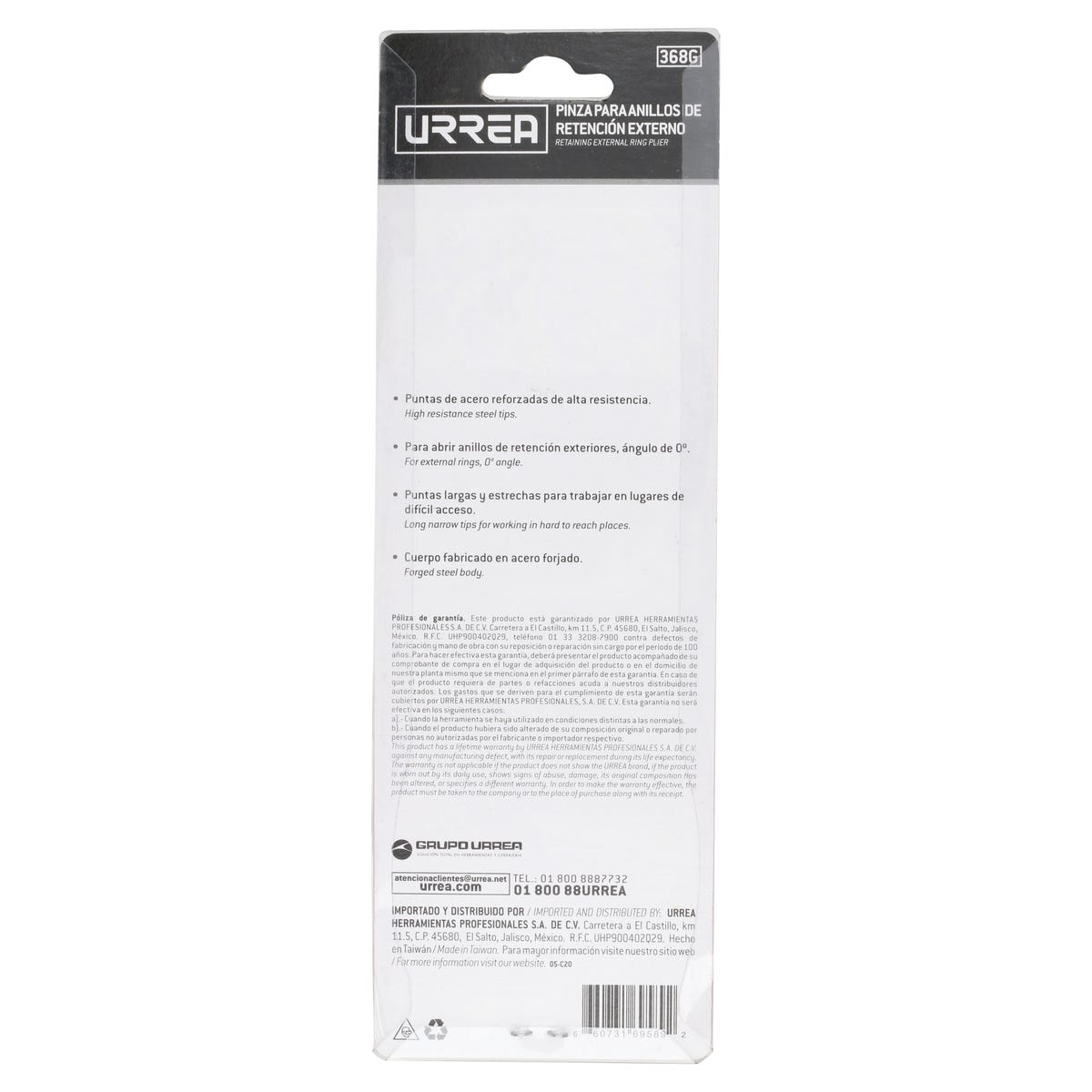 Pinza Para Anillos De Retención Con Mango De Vinil Forjadas Tipo Externo Ángulo De 0°, Urrea 368G