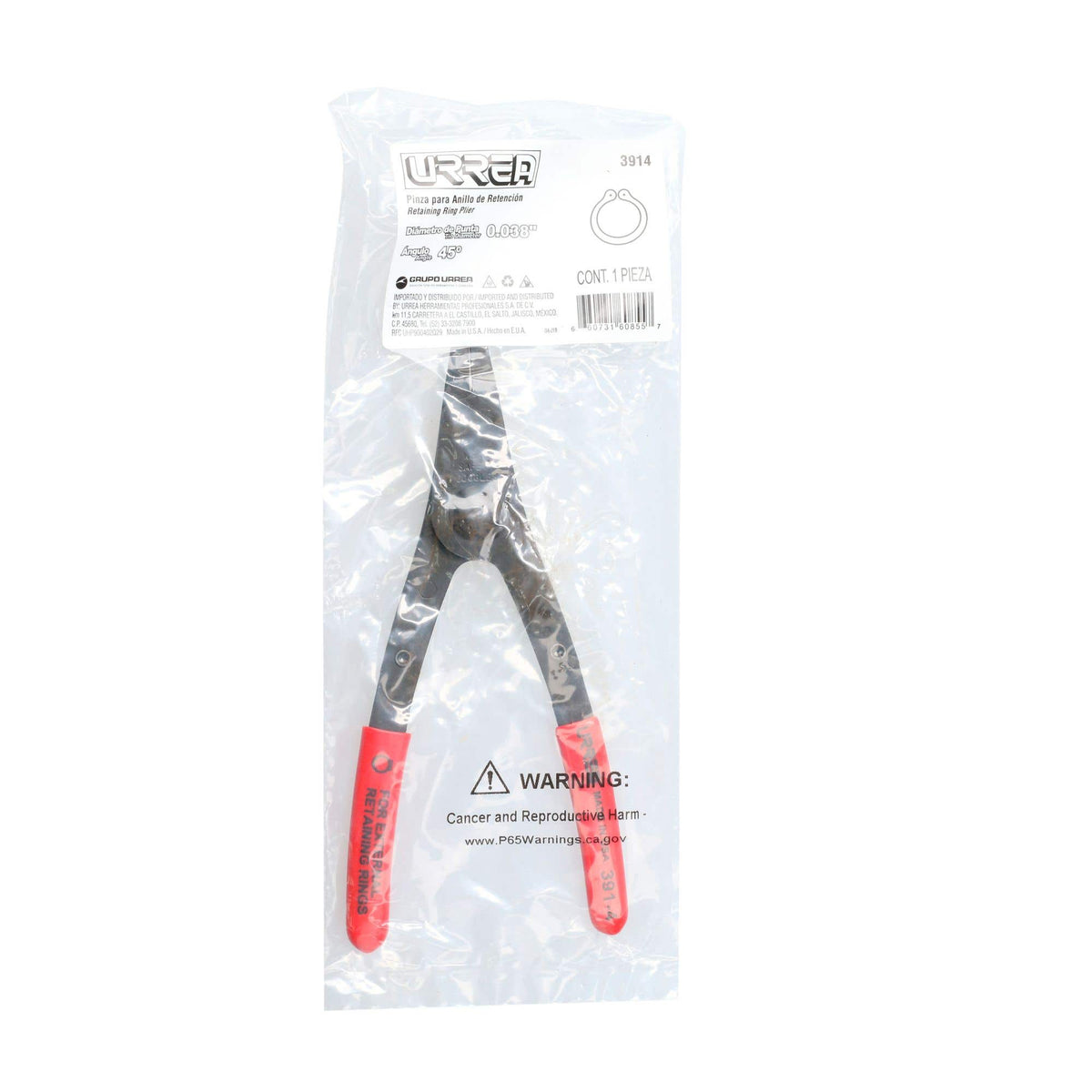 Pinza Para Anillos De Retención Con Mango Rubber Grip Fijas Tipo Externo Ángulo De 45°, Urrea 3914