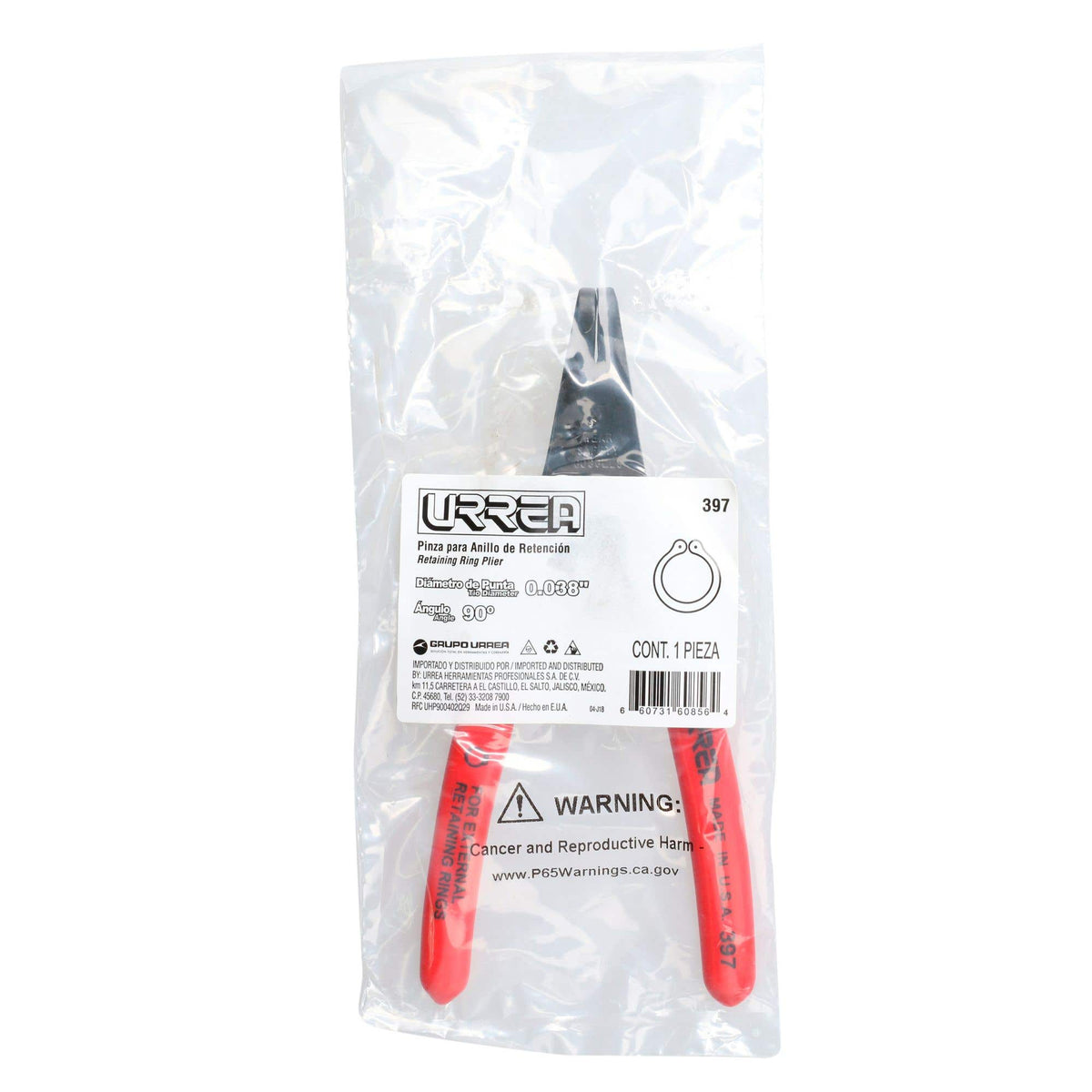 Pinza Para Anillos De Retención Con Mango Rubber Grip Fijas Tipo Externo Ángulo De 90°, Urrea 397
