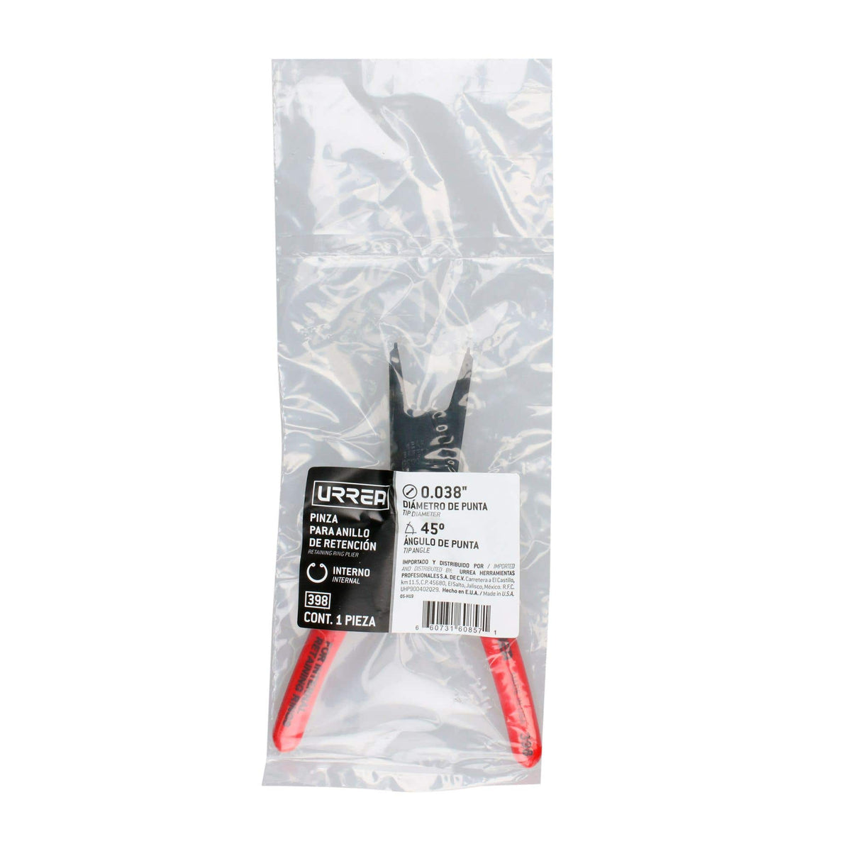Pinza Para Anillos De Retención Con Mango Rubber Grip Fijas Tipo Interno Ángulo De 45°, Urrea 398