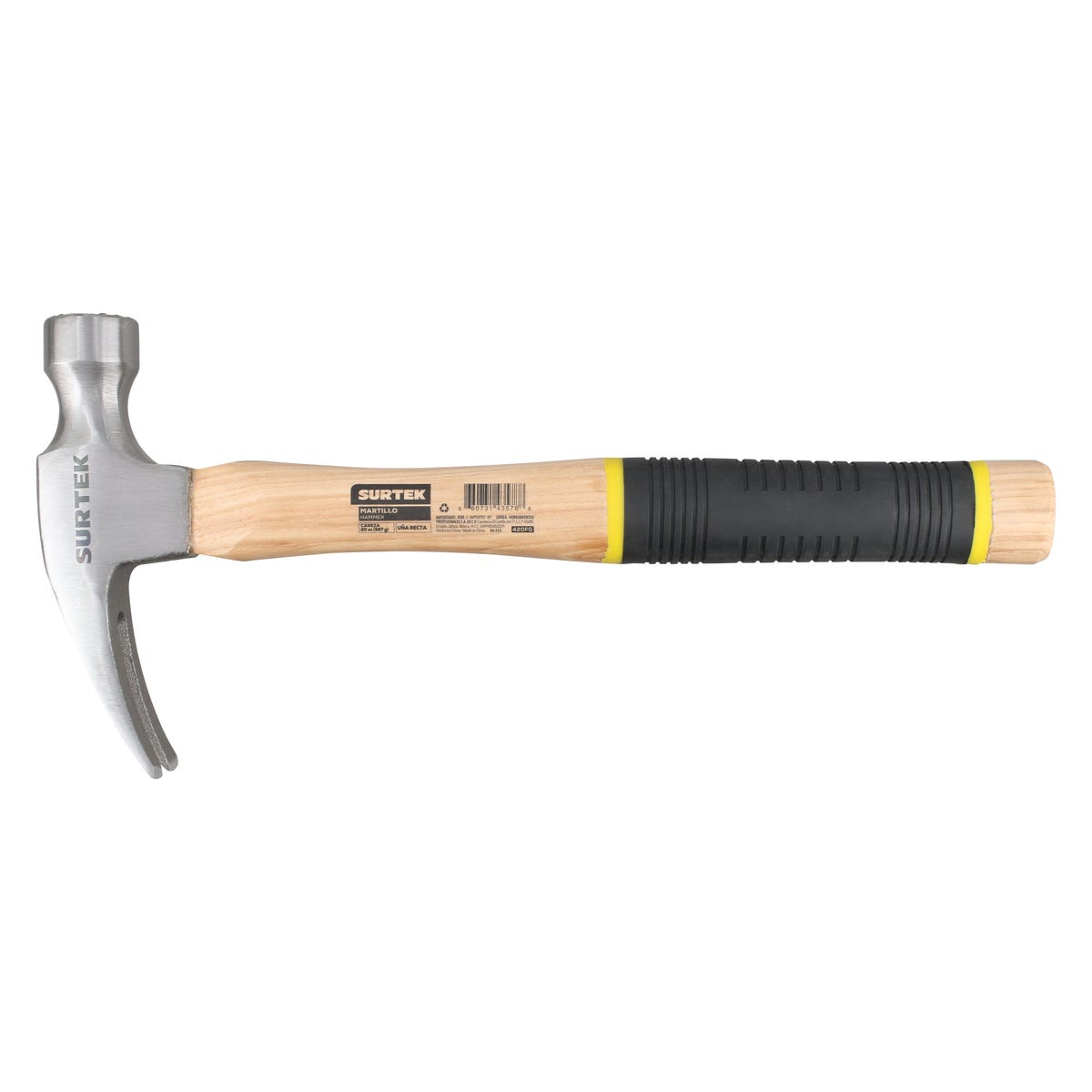 Martillo De Uña Recta Con Cabeza Fresada Con Mango De Madera 11-1/4, 20 Oz, Surtek 420FG