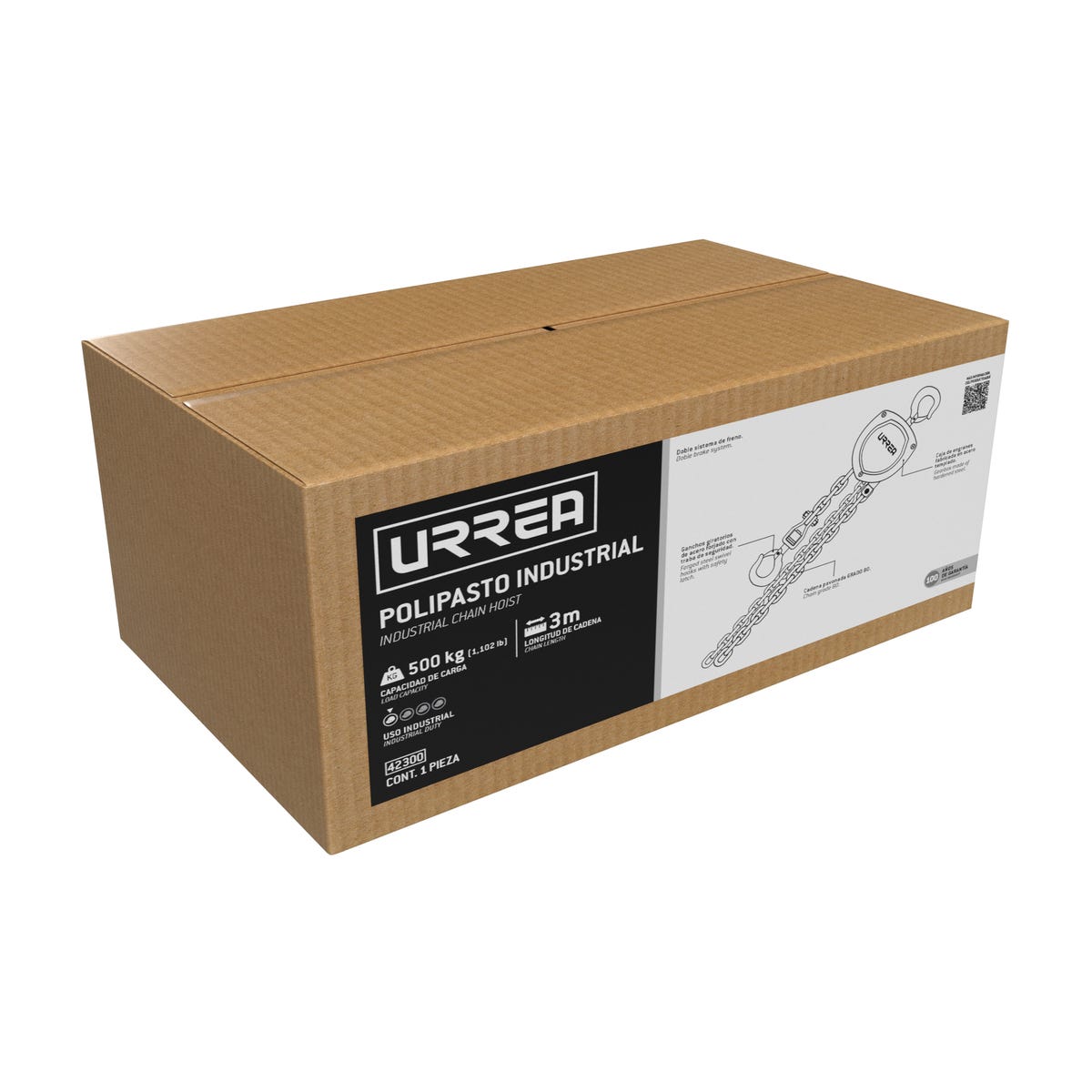 Polipasto Manual Sistema Doble Freno Cadena 3 m, 1 Ramal, Urrea 42300