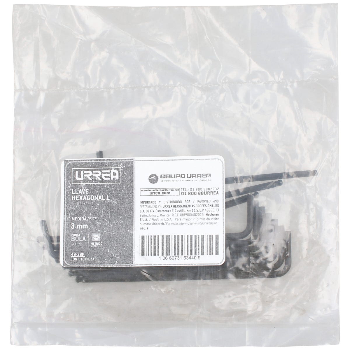Llave Hexagonal Tipo "L" Punta De Bola Urrea 49-3BP