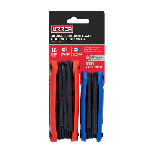 Juego De Llaves Hexagonales Tipo Navaja En Pulgadas Y Métricas Estuche Bimaterial, 16 Pz, Urrea 49816
