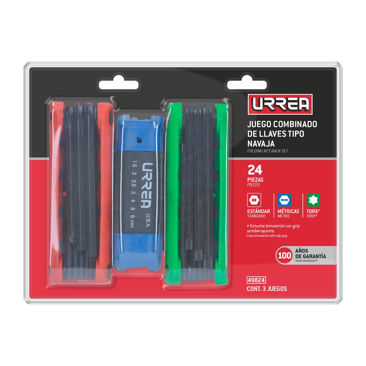 Juego De Llaves Hexagonales Tipo Navaja En Pulgadas, Métricas Y Torx Estuche Bimat, Urrea 49824
