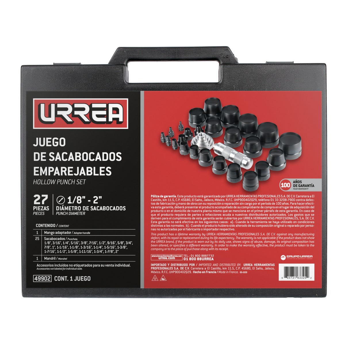 Juego De Sacabocados Con Mango Adaptador Ergonómico 1/8 A 2, 27 Piezas, Urrea 49902