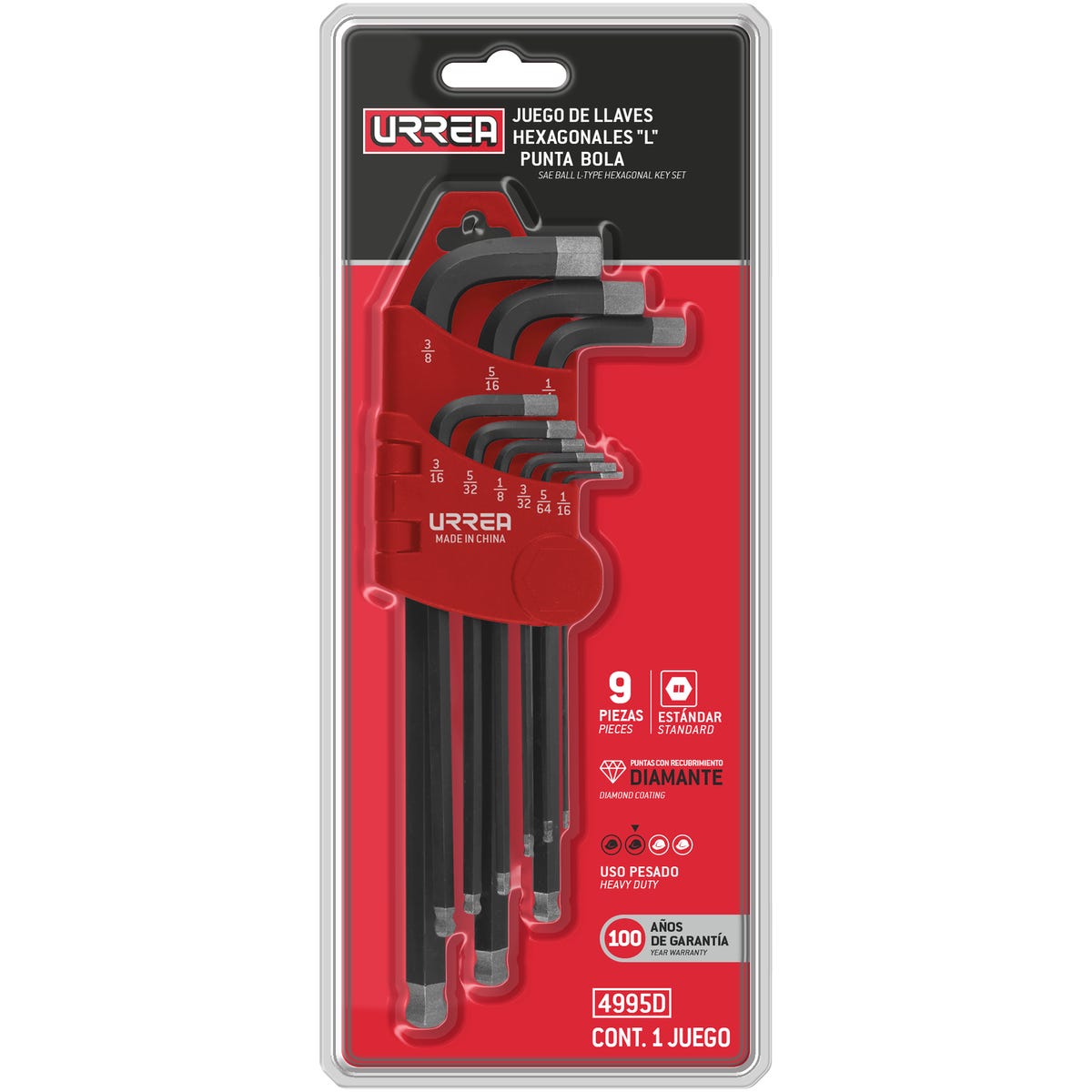 Juego De Llaves Hexagonales Tipo L Punta De Bola Diamante, Combinadas, Urrea 4995D