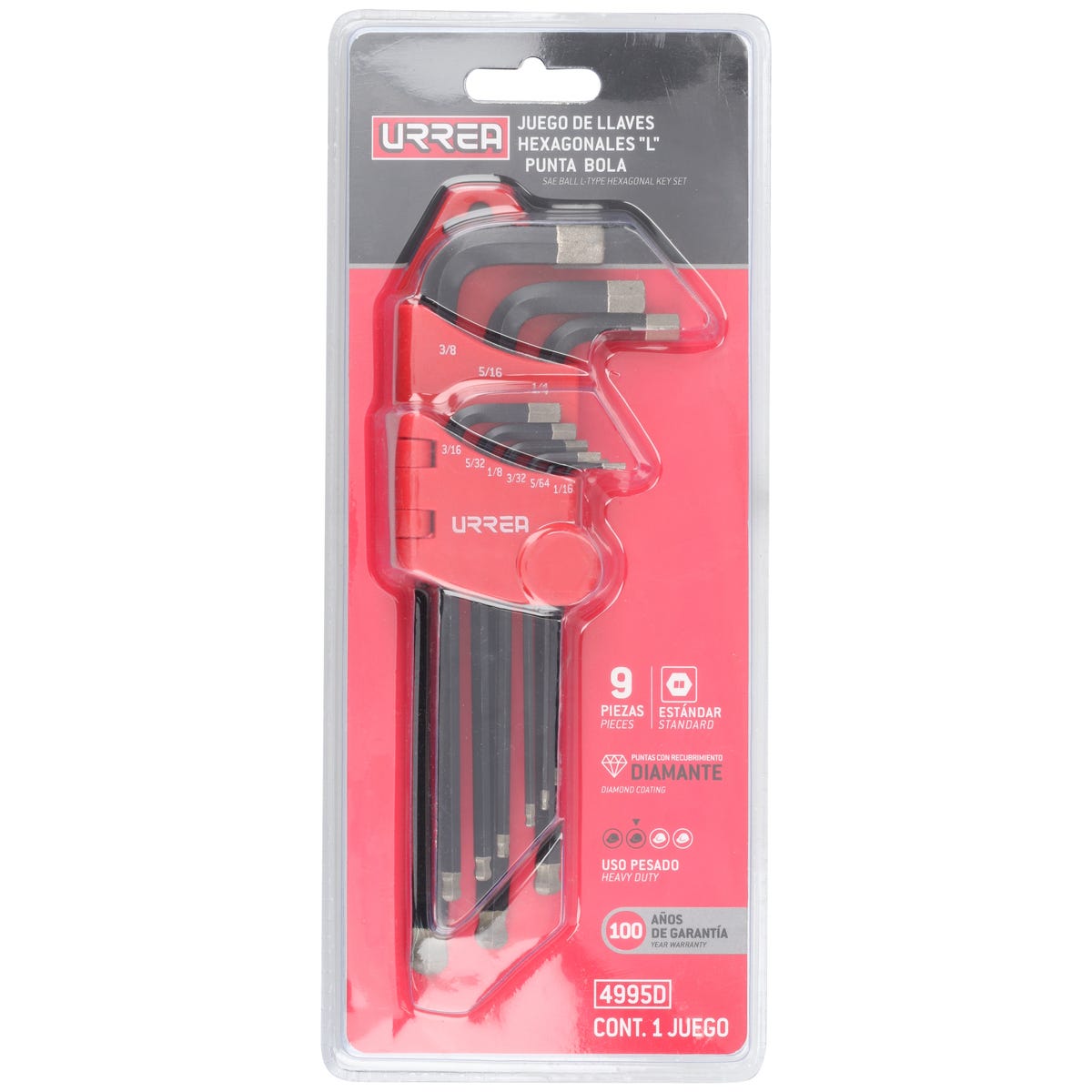 Juego De Llaves Hexagonales Tipo L Punta De Bola Diamante, Combinadas, Urrea 4995D