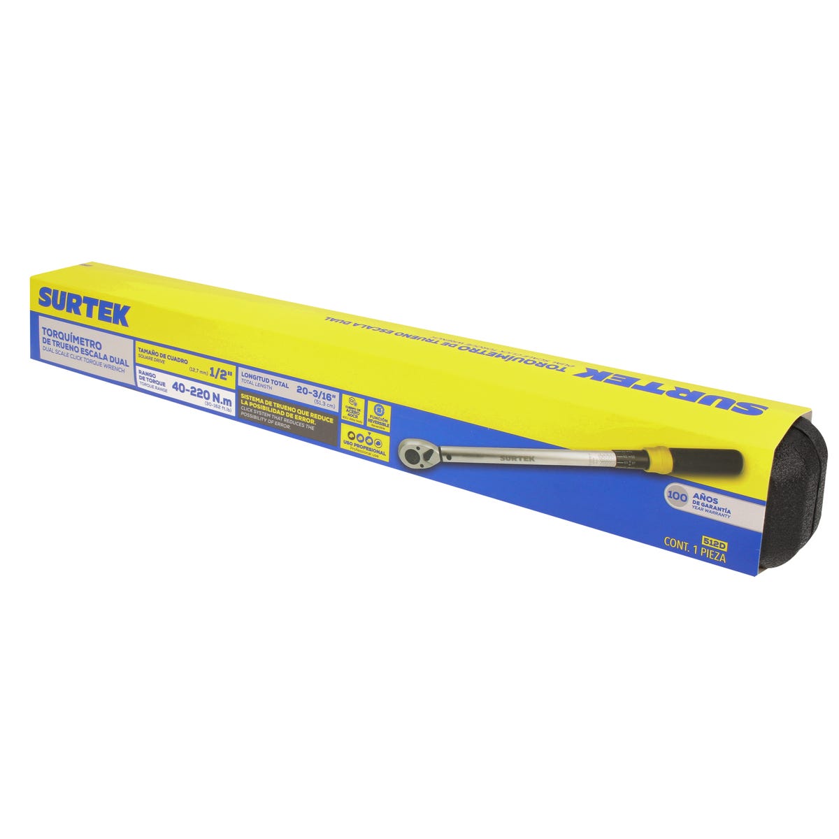 Torquímetro De Trueno Una Escala Dual Cuadro De 1/2, 30-162 ft-lb (40-220 Nm), Surtek 512D