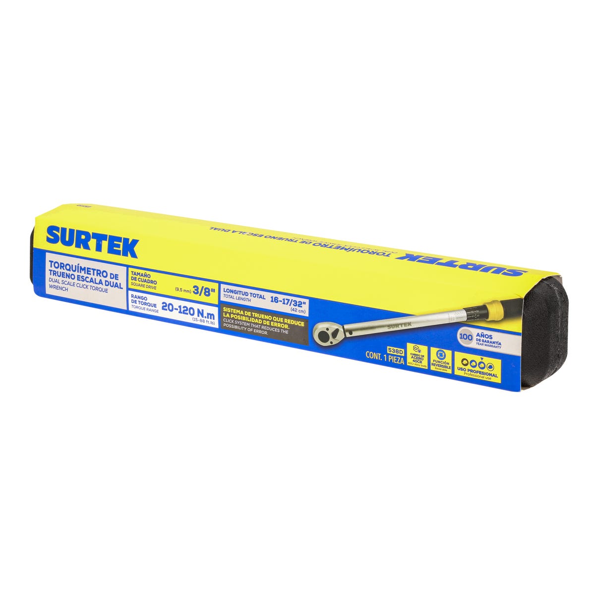 Torquímetro De Trueno Una Escala Dual Cuadro De 3/8, 15-88.5 ft-lb (20-120 Nm), Surtek 538D