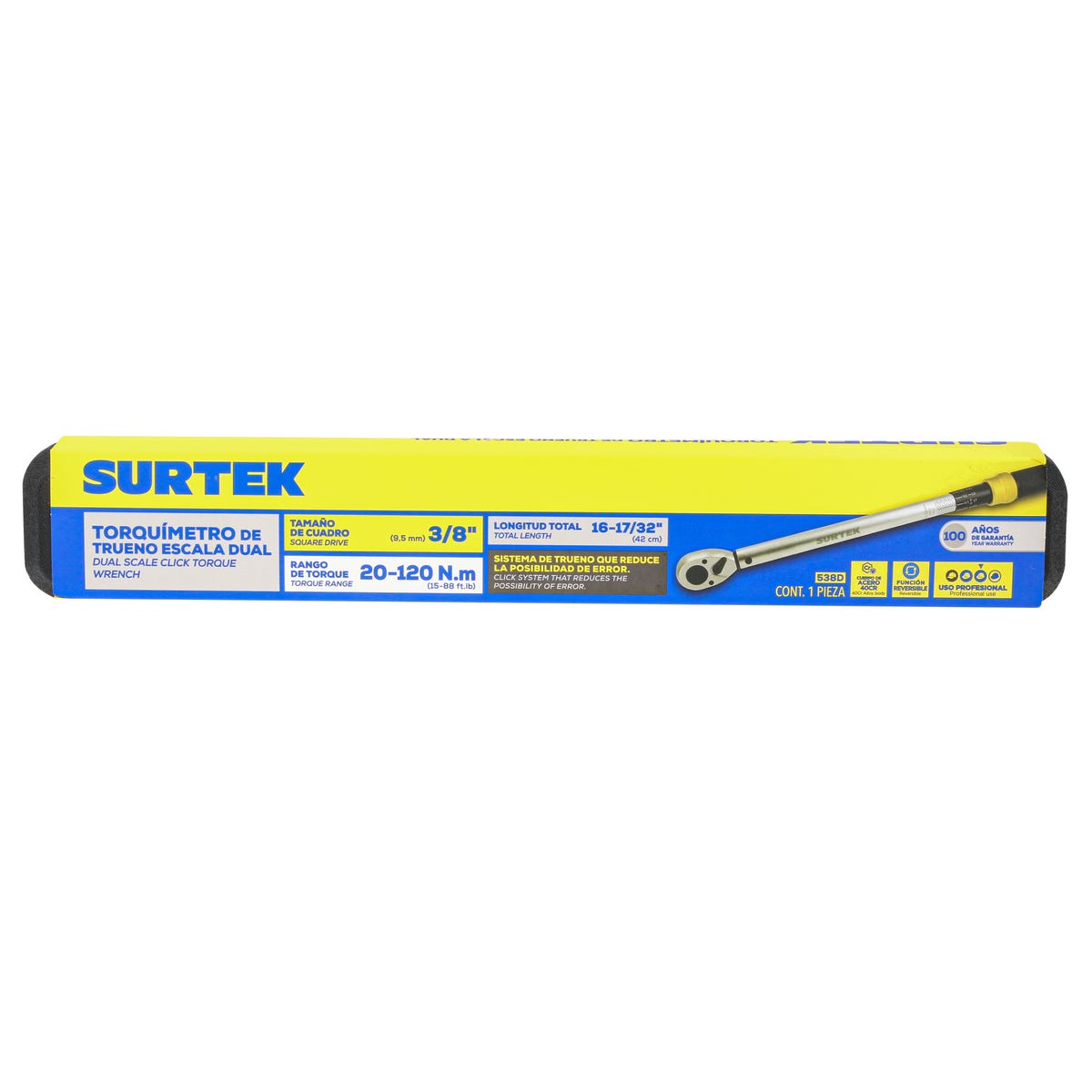 Torquímetro De Trueno Una Escala Dual Cuadro De 3/8, 15-88.5 ft-lb (20-120 Nm), Surtek 538D